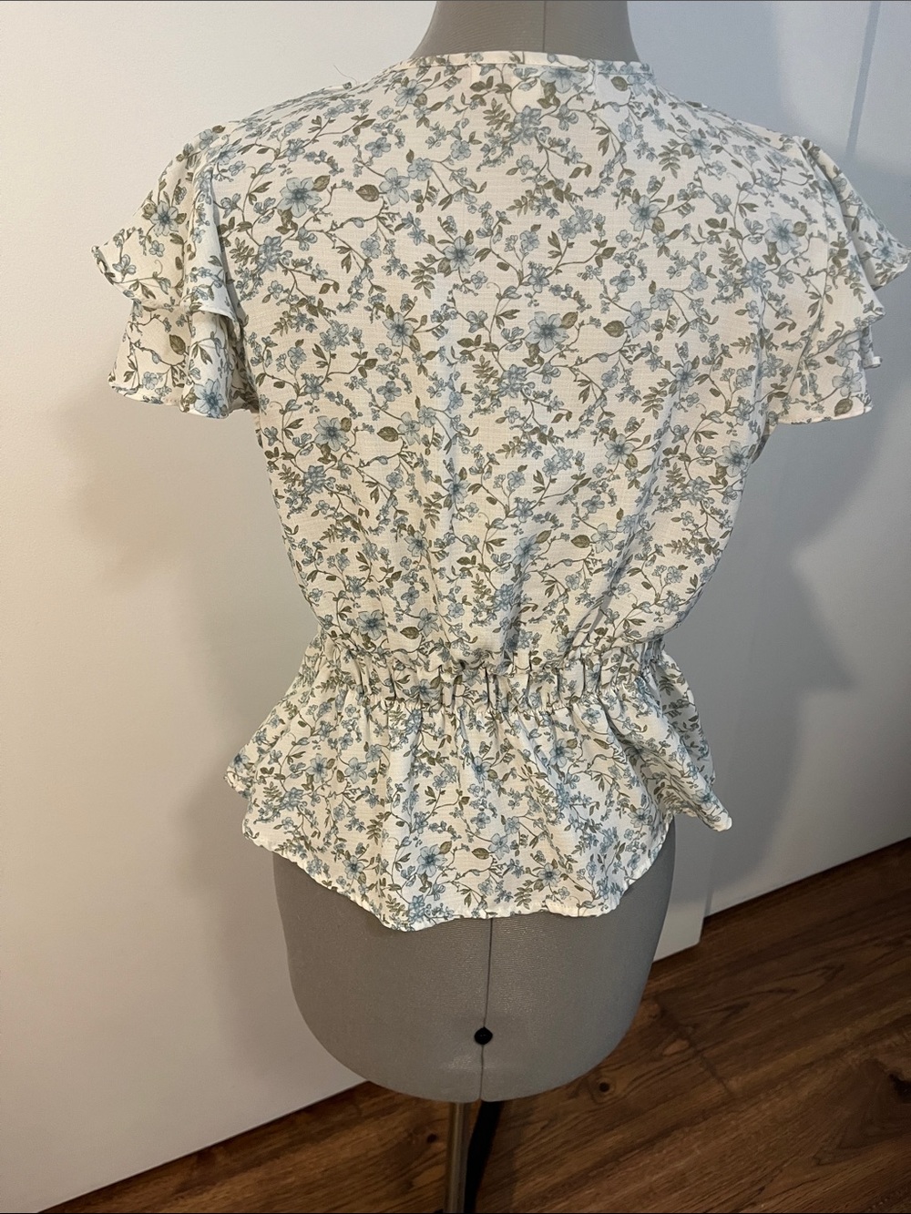 Sweet Rain Cream Floral Wrap Blouse with Blue and Green Print - Picture 5 of 5
